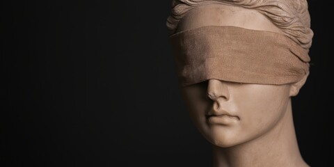 This image features a classic sculpture of a person, blindfolded, symbolizing innocence and vulnerability, set against a contrasting dark background to evoke contemplation.