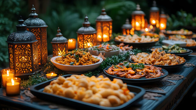 A lavish spread of delicious food at a candlelit dinner party, featuring an array of appetizers and main courses, beautifully arranged on a rustic tab