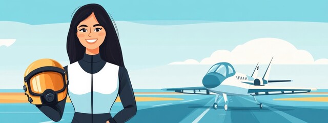 Fototapeta premium Confident Young Woman in Flight Suit Holding a Helmet with Her Jet Fighter in the Background on a Clear Day, Representing Aviation and Adventure