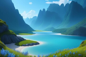 Fototapeta premium Beautiful and Peaceful Nature Scenery Illustration Landscape Countryside Tranquil Vibrant and Colorful