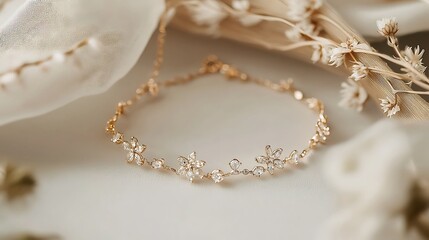 A gold and white bracelet with flowers on it