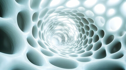 Abstract 3D rendering of a blue and white cellular structure, resembling a tunnel or vortex.  The image features a repeating pattern of organic forms,