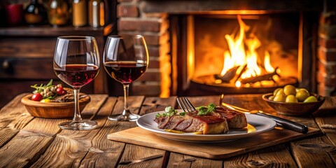 Fototapeta premium Intimate dinner for two with a steak and red wine on a wooden table set in a cozy room, wood, warm, wood, warm, dining, steak