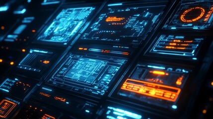Futuristic user interface panels with blue and orange digital displays