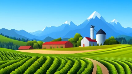 Obraz premium A vibrant farm landscape with rolling hills, a red barn, and mountains in the background.