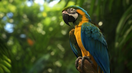 Obraz premium Vibrant blue-and-yellow macaw perched in lush tropical jungle