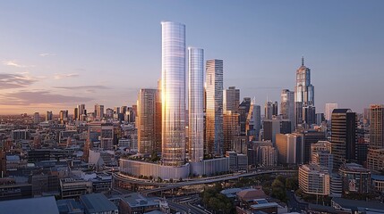 Fototapeta premium Modern skyscrapers at sunset over city skyline.