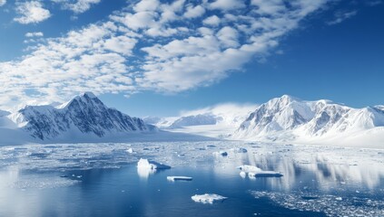 Obraz premium Antarctic landscape with snow-capped mountains, icebergs, and calm blue water under a bright sky.
