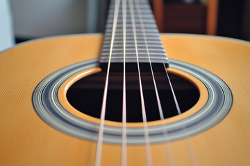 Fototapeta premium Close-up view of an acoustic guitar focusing on strings and soundhole with detailed craftsmanship and warm tones