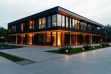 Modern two-story glass house at dusk with warm interior lighting