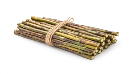 Bundle of thin, green stems tied with twine, isolated on white background.