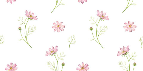 Flower seamless pattern. Hand painted watercolor illustration on white background.