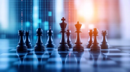 Chess pieces on a digital board with futuristic lights and technology background