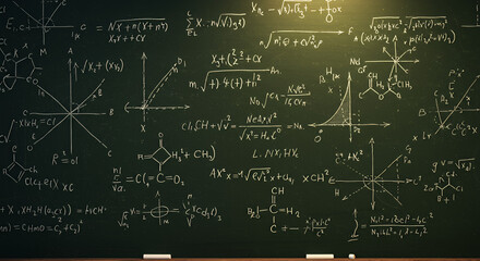 Naklejka premium A chalkboard filled with various mathematical formulas, equations , and diagrams related to science and chemistry