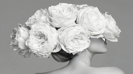 Woman's profile, roses crown, studio backdrop, monochrome elegance, beauty advertisement