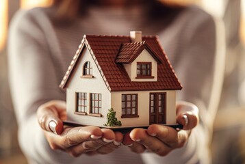 Woman's Hands Holding a House with a Red Roof, Miniature, Home Buying Concept