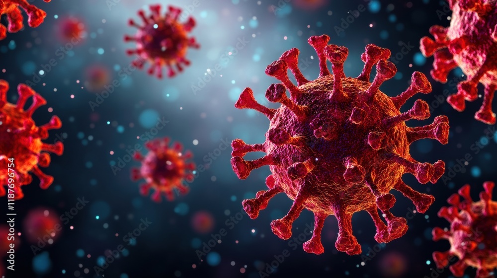 Poster multiple images of the corona virus under a microscope with various visual representations and struc