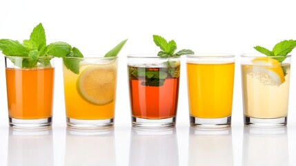 Fototapeta premium Refreshing assorted fruit and herbal drinks in glasses with mint and lemon garnishes