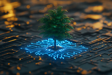 A digital tree sprouting from a glowing blue circuit board. A concept of technology supporting nature