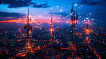 Fototapeta premium Futuristic cityscape with glowing network connections at sunset