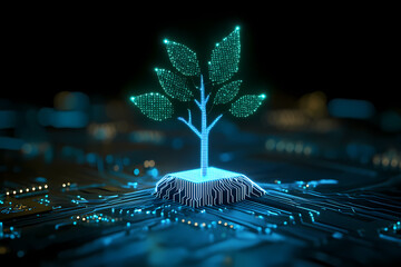 A digital tree sprouting from a glowing blue circuit board. A concept of technology supporting nature