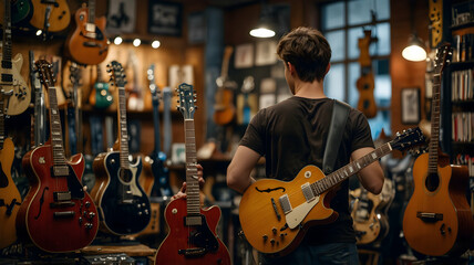 Man holding guitar in a music store filled with instruments