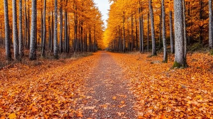 Obraz premium Serene Autumn Pathway Through Vibrant Orange Forest Foliage
