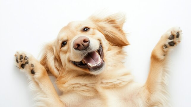 Happy golden retriever lying on back with paws up and smiling face - Powered by Adobe