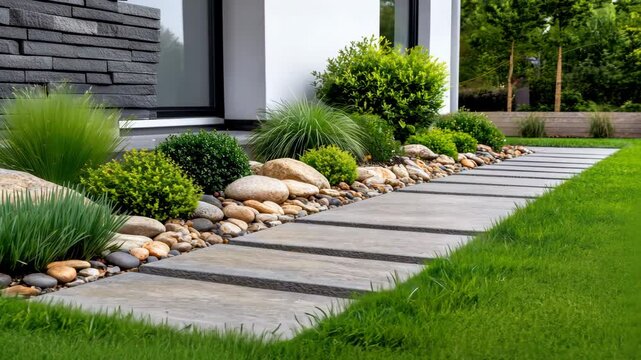 Beautifully Landscaped Garden Path with Stones, Plants, and Lush Greenery for Serene Atmosphere