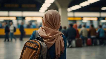 Muslim woman with backpack waits at a train station.