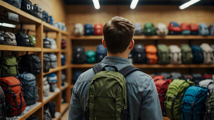 Obraz premium Man Browsing Backpacks in a Retail Store