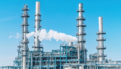 Fototapeta premium Modern oil refinery with sustainable technology, emitting less smoke and pollution, set against a clear blue sky