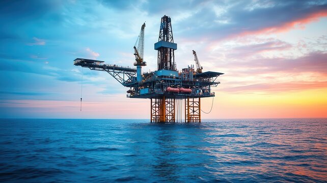 Massive offshore oil rig in the middle of the ocean, surrounded by calm blue waters, with the sun setting in the background