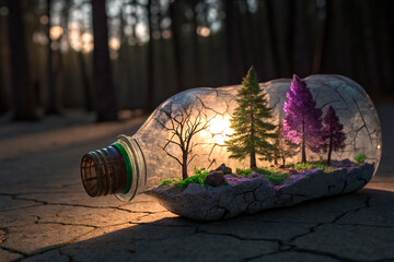 A discarded plastic bottle, sun-bleached and cracked, cradles a miniature, luminous forest. Tiny, intricately detailed trees, their leaves spun from amethyst and emerald glass- generated by ai