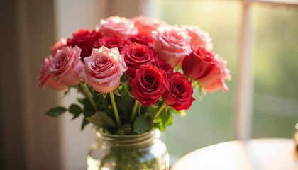 Obraz premium Romantic Red and Pink Roses in a Sunlit Vase: A Serene Floral Arrangement