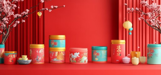 Fototapeta premium Elegant red and gold tea packaging display with cherry blossoms and lanterns
