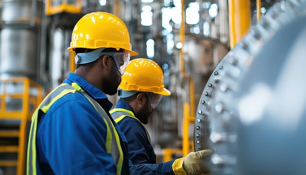 Workers in hard hats and safety gear, inspecting oil refinery equipment, set against a backdrop of towering machinery