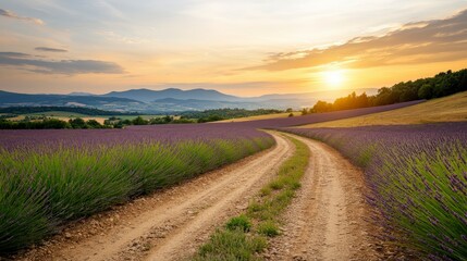 Serene Sunset Over Lavender Fields with Curved Path and Majestic Mountains in the Background