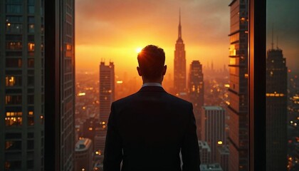 Fototapeta premium Silhouette of Man Contemplating Sunset Cityscape: Dramatic Business Image