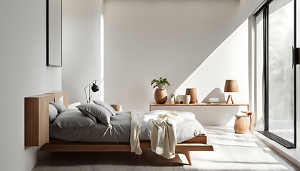 light filled bedroom with minimalist furniture