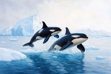 Fototapeta premium Majestic orcas leaping in arctic waters near iceberg