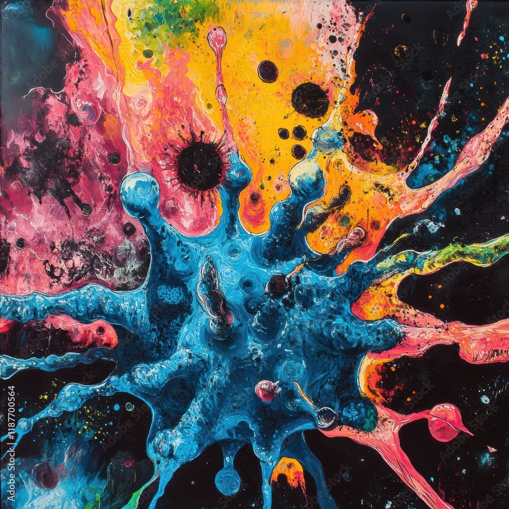 Aufkleber Virus transformation and mutation depicted through vibrant colors and abstract shapes. Generative AI