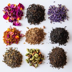 Fototapeta premium Assorted dried herbs and teas arranged on white background.