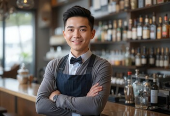 Fototapeta premium Smiling professional in a suit with an apron stands confidently bar manager