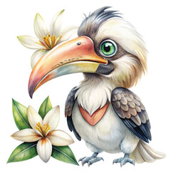 Fototapeta premium Cute Hornbill lily flower Bow Clipart Watercolor 