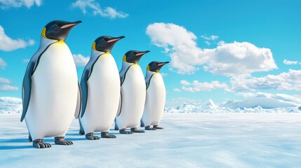 Naklejka premium Four Cartoon Penguins Standing on Ice in a Bright Blue Sky with Fluffy Clouds and Snowy Landscape