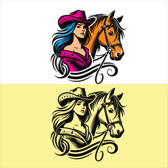 A vector western cowgirl standing beside on her horse