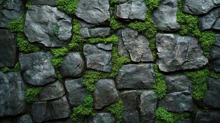 A textured stone wall covered with vibrant green moss.