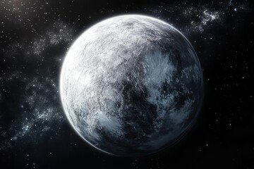 Obraz premium A monochrome icy planet orbits amidst distant stars