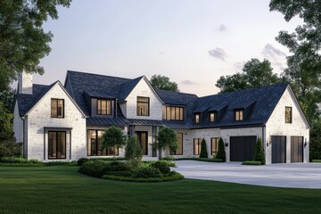 Modern luxury home exterior featuring a blend of stone and dark roofing, surrounded by lush greenery in a serene neighborhood during twilight hours